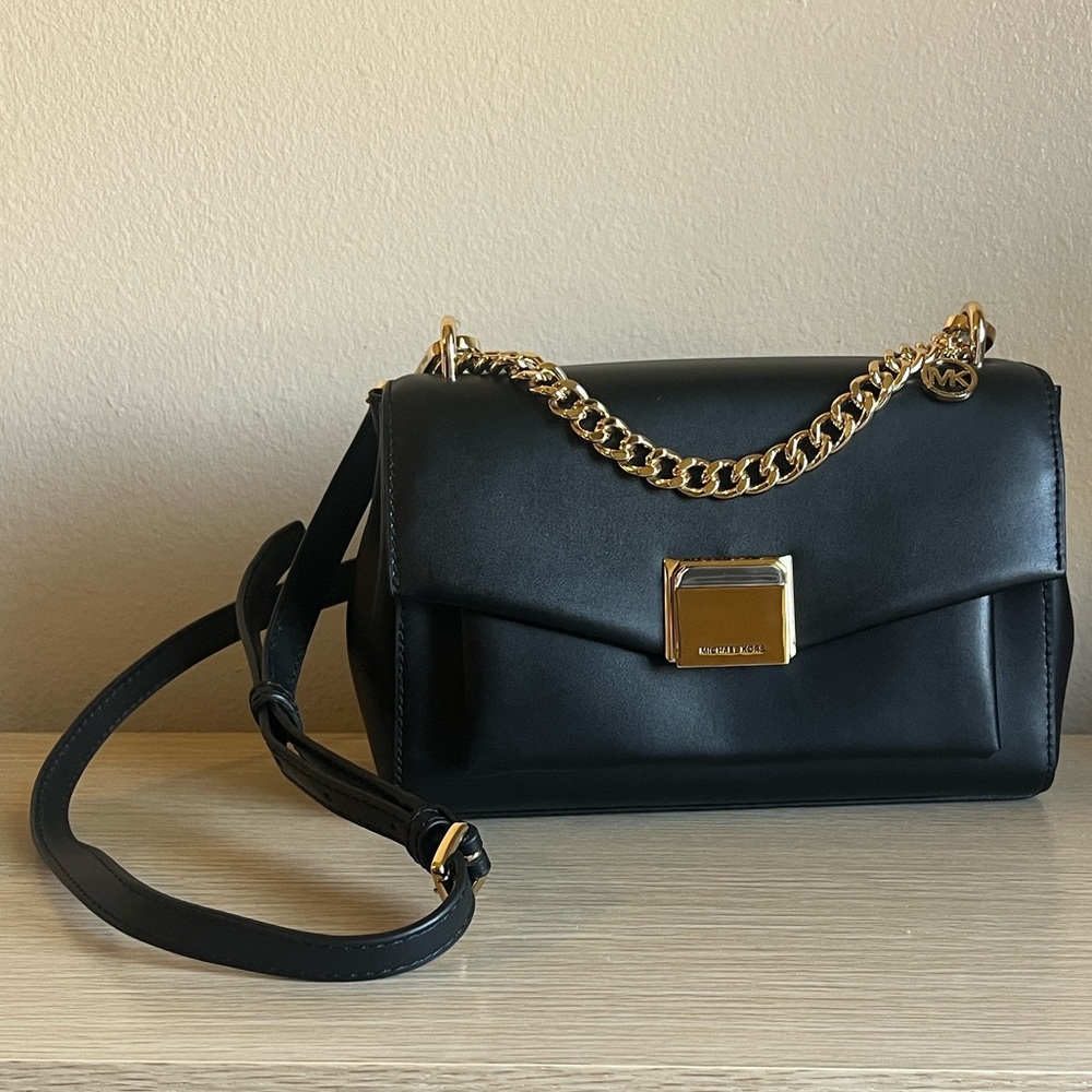 Michael Kors Black Leather Lita Bag with Gold Hardware